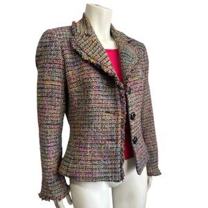 TRINA TURK blazer multicolor black pink tweed fringed trim jacket women’s 8